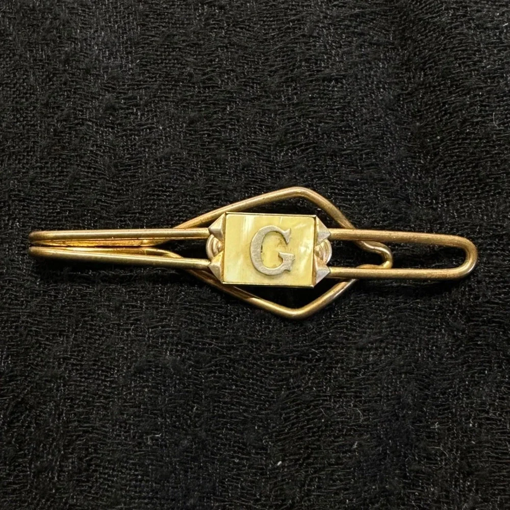 Vintage Initial G Tie‎ Clip Gold Tone Mother of Pearl Mens Monogram Bar